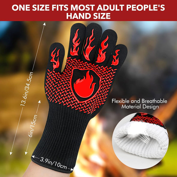 BBQ Gloves, 1472℉ Extreme Heat Resistant Gloves with Long Cuff, Washable Oven Gloves, Grilling Gloves for Most Hands Size, Durable Silicone Grill Gloves for Barbecue Baking Grilling (13.6 Inch-Red)