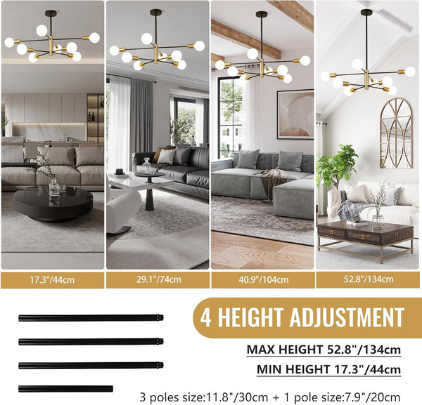 Chandelier, 8-Light Dining Room Light Fixture, 4-Height Adjustable Chandeliers for Dining Room, Dimmable Dining Room Chandelier, Sputnik Chandeliers with Stable Metal Base, E26 Sockets