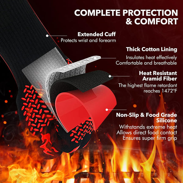 BBQ Gloves, 1472℉ Extreme Heat Resistant Gloves with Long Cuff, Washable Oven Gloves, Grilling Gloves for Most Hands Size, Durable Silicone Grill Gloves for Barbecue Baking Grilling (13.6 Inch-Red)