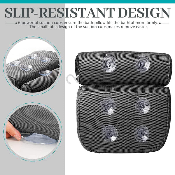 Bath Pillow,Bath Pillows for Tub with 6 Non-Slip Suction Cups,Breathable Bathtub Pillow 4D Air Mesh Bath Tub Pillow Headrest,Soft Tub Pillow Bathtub Accessories for Relaxing Neck and Back Support-Grey