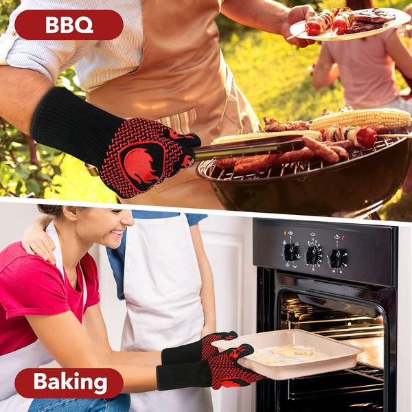 BBQ Gloves, 1472℉ Extreme Heat Resistant Gloves with Long Cuff, Washable Oven Gloves, Grilling Gloves for Most Hands Size, Durable Silicone Grill Gloves for Barbecue Baking Grilling (13.6 Inch-Red)