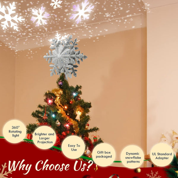 Christmas Tree Topper, Snowflake Tree Topper, Lighted Tree Topper with Adjustable Rotating LED Projector,3D Silver Glitter Christmas Tree Toppers, Light Up Tree Toppers Christmas Decorations