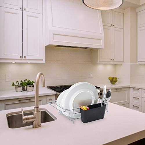 Expandable Dish Drying Rack with Utensil Holder, Small Dish Drainer for Over Sink or On Counter