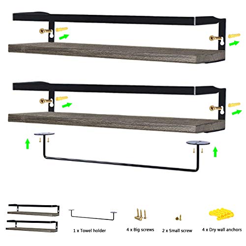 Floating Shelves Wall Mounted Set of 2, Rustic Solid Wood and Metal Frame Wall Storage Shelves for Bathroom, Kitchen, Office, Bedroom, Living Room, Brown