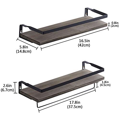 Floating Shelves Wall Mounted Set of 2, Rustic Solid Wood and Metal Frame Wall Storage Shelves for Bathroom, Kitchen, Office, Bedroom, Living Room, Brown