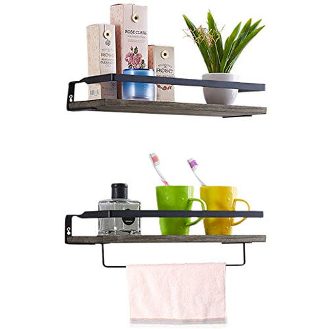 Floating Shelves Wall Mounted Set of 2, Rustic Solid Wood and Metal Frame Wall Storage Shelves for Bathroom, Kitchen, Office, Bedroom, Living Room, Brown