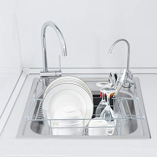 Expandable Dish Drying Rack with Utensil Holder, Small Dish Drainer for Over Sink or On Counter