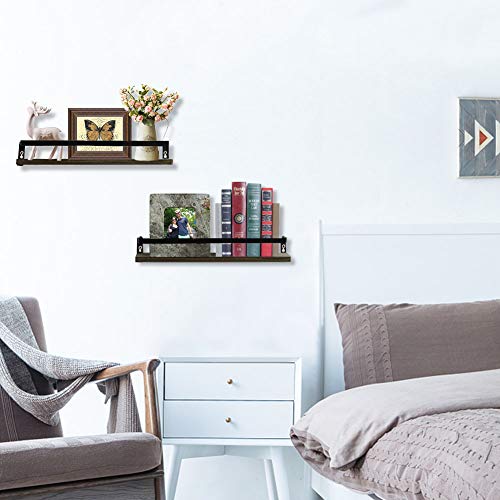 Floating Shelves Wall Mounted Set of 2, Rustic Solid Wood and Metal Frame Wall Storage Shelves for Bathroom, Kitchen, Office, Bedroom, Living Room, Brown