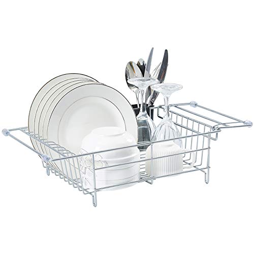 Expandable Dish Drying Rack with Utensil Holder, Small Dish Drainer for Over Sink or On Counter