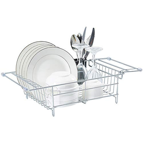 Expandable Dish Drying Rack with Utensil Holder, Small Dish Drainer for Over Sink or On Counter