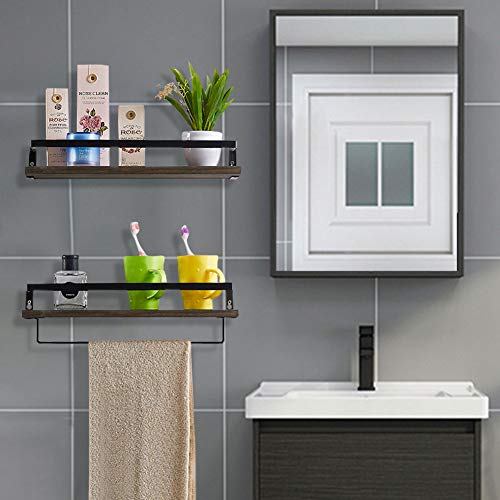 Floating Shelves Wall Mounted Set of 2, Rustic Solid Wood and Metal Frame Wall Storage Shelves for Bathroom, Kitchen, Office, Bedroom, Living Room, Brown