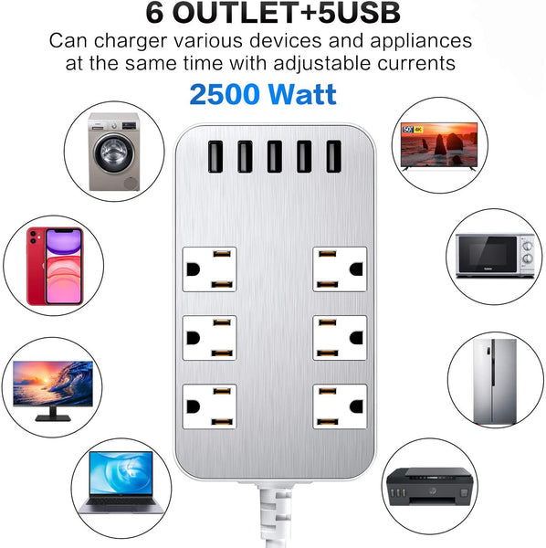 Power Strip with USB Flat Plug，Surge Protector 6 Outlet Extender with 5 USB Charging Ports，6Ft Extension Cord,USB Wall Outlets for Computers Home Office Dorm Rooms, White