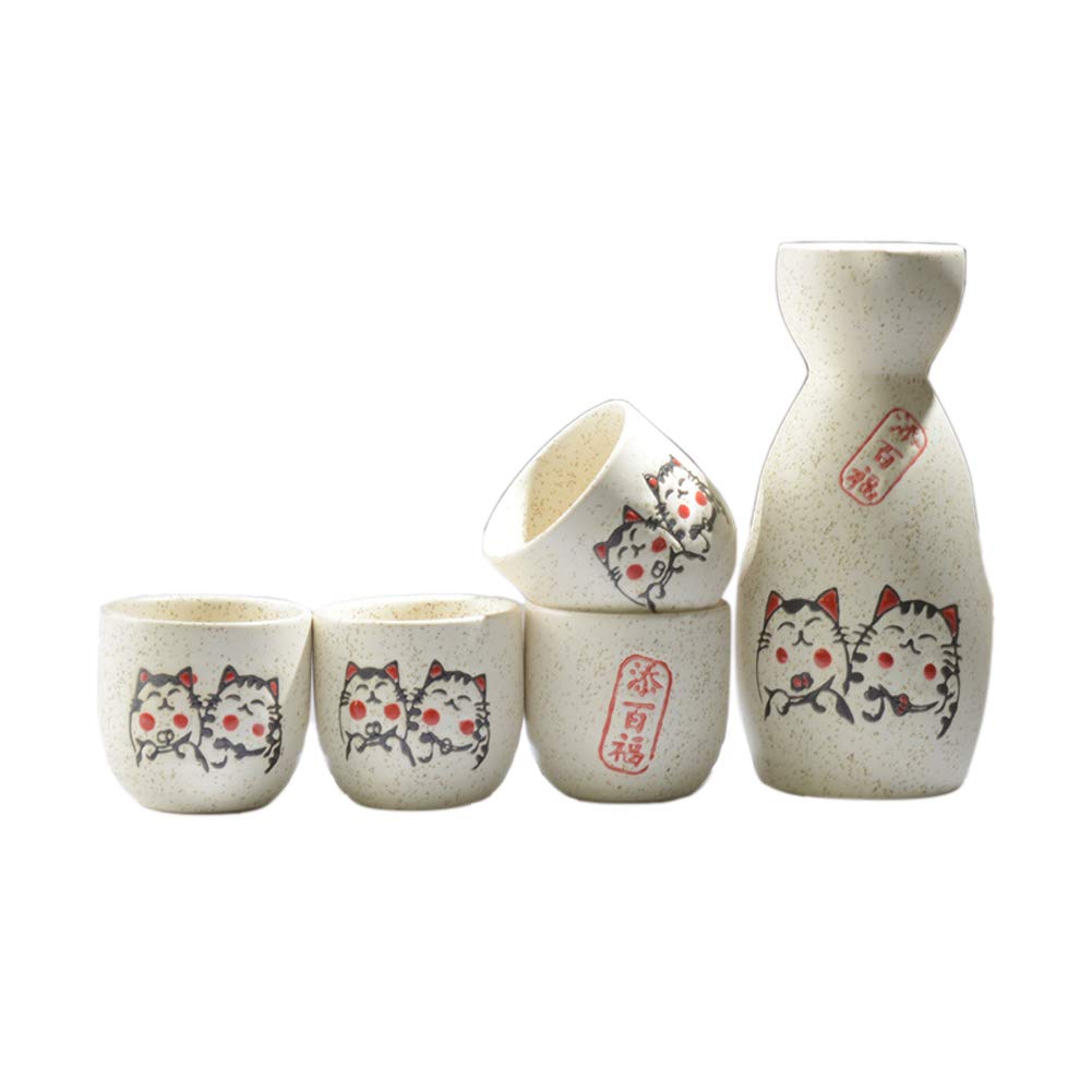 Japanese Style Ceramic Sake Sets 1 Decanter with 4 Cups (Lovely Cats)
