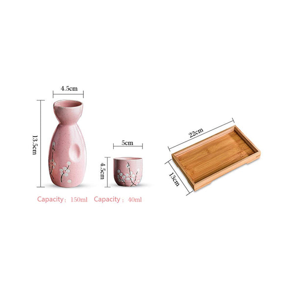 Japanese Style White Plum Blossom Ceramic Sake Sets 1 Decanter with 4 Cups Pink