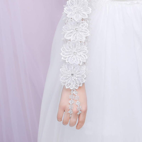 Elegant 3D White Floral Lace Wedding Gloves Fingerless Sleeve for Bride Extra Long