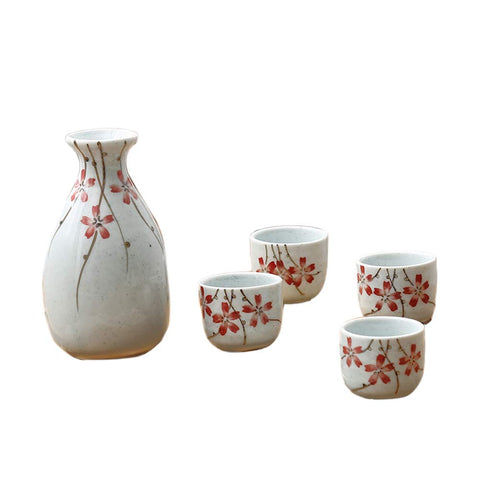 Japanese Classic Hand-Painted Red Sakura Ceramic Sake Sets 1 Decanter with 4 Cups