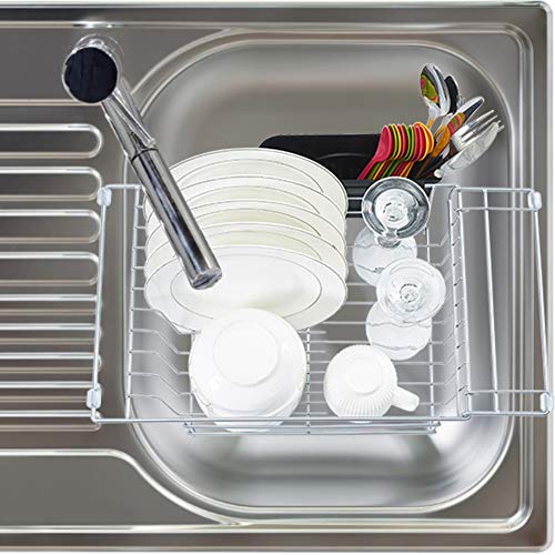 Expandable Dish Drying Rack with Utensil Holder, Small Dish Drainer for Over Sink or On Counter