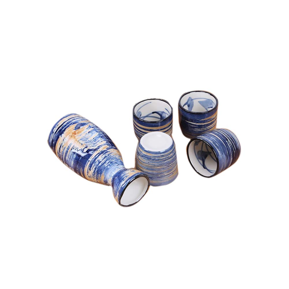 Japanese Style Creative Blue Strips Ceramic Sake Sets 1 Decanter with 4 Cups