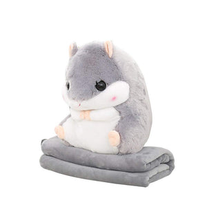 3D Hamster Plush Toy Creative Sofa Cushion with Flannel Blanket Multifunction Throw Pillow Gray