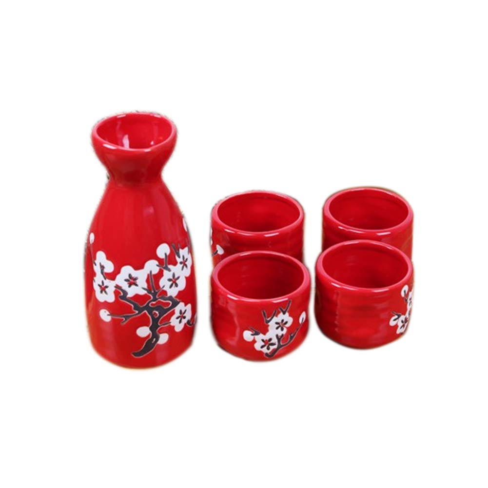 Japanese Classic Plum Blossom Ceramic Sake Sets 1 Decanter with 4 Cups Red