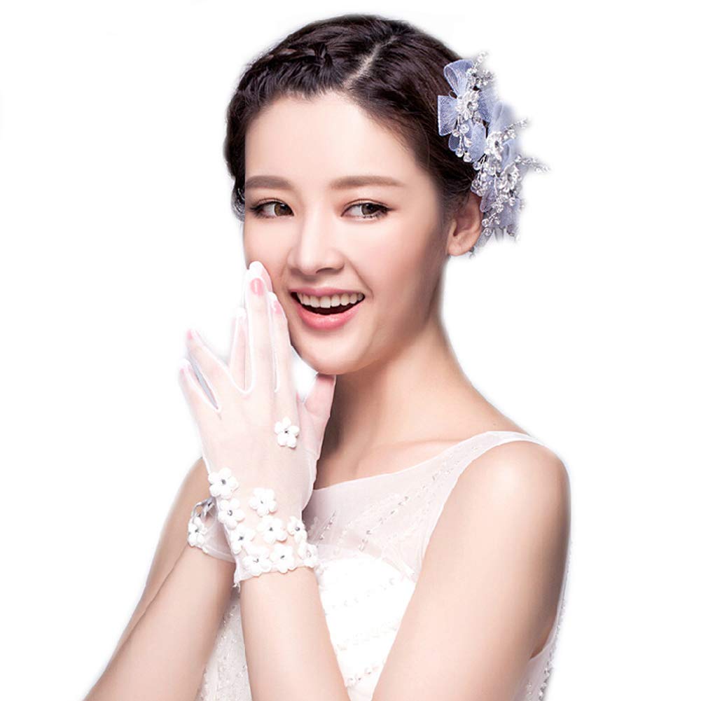 Elegant White Floral Lace Wedding Gloves Breathable Gauze Mitten for Bride