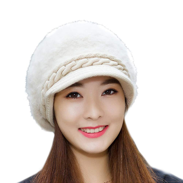 Winter Fashion Rabbit Wool Warm Hat Knitted Visor Beret Hat for Women White