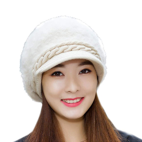 Winter Fashion Rabbit Wool Warm Hat Knitted Visor Beret Hat for Women White