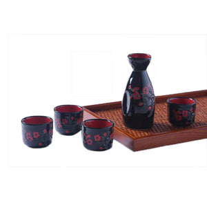 Japanese Style Creative Red Plum Blossom Ceramic Sake Sets 1 Decanter with 4 Cups Black
