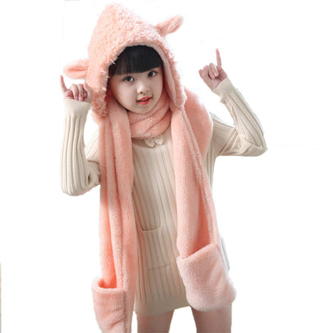 Winter Thickened Plush Hat Lovely Sheep Cap with Scarf for Kids Light Pink
