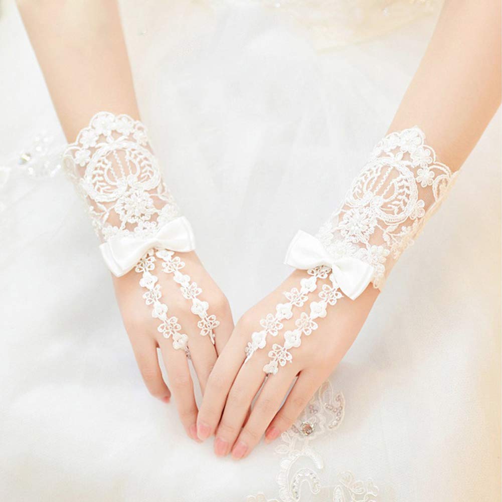 Elegant White Floral Lace Wedding Gloves Bow Fimgerless Mitten for Bride