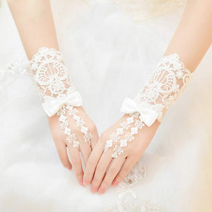 Elegant White Floral Lace Wedding Gloves Bow Fimgerless Mitten for Bride