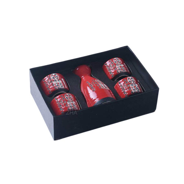 Japanese Style Ceramic Sake Sets 1 Decanter with 4 Cups Red (The Orchid Pavilion)