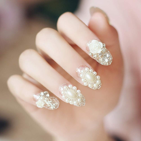 24 Pcs Romantic White Floral Long Artificial False Nails Faux Jewels False Nails Decor