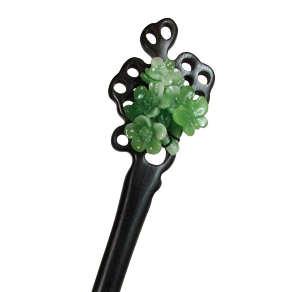 Chinese/Japanese Style Black Sandalwood Plum Vintage Resin Green Blossom Hairpin Hair Pins