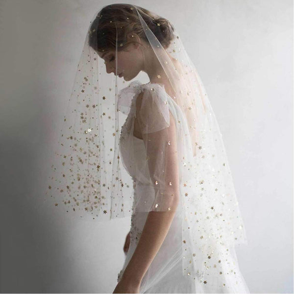 Creative Stars Sequins Wedding Veil With Comb Fashion Bridal Veil Fingertip Length 33"