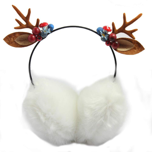 Adjustable Winter Ear Warmer Lovely Faux Fur Ear Protector Creative Elk Headband for Christmas White