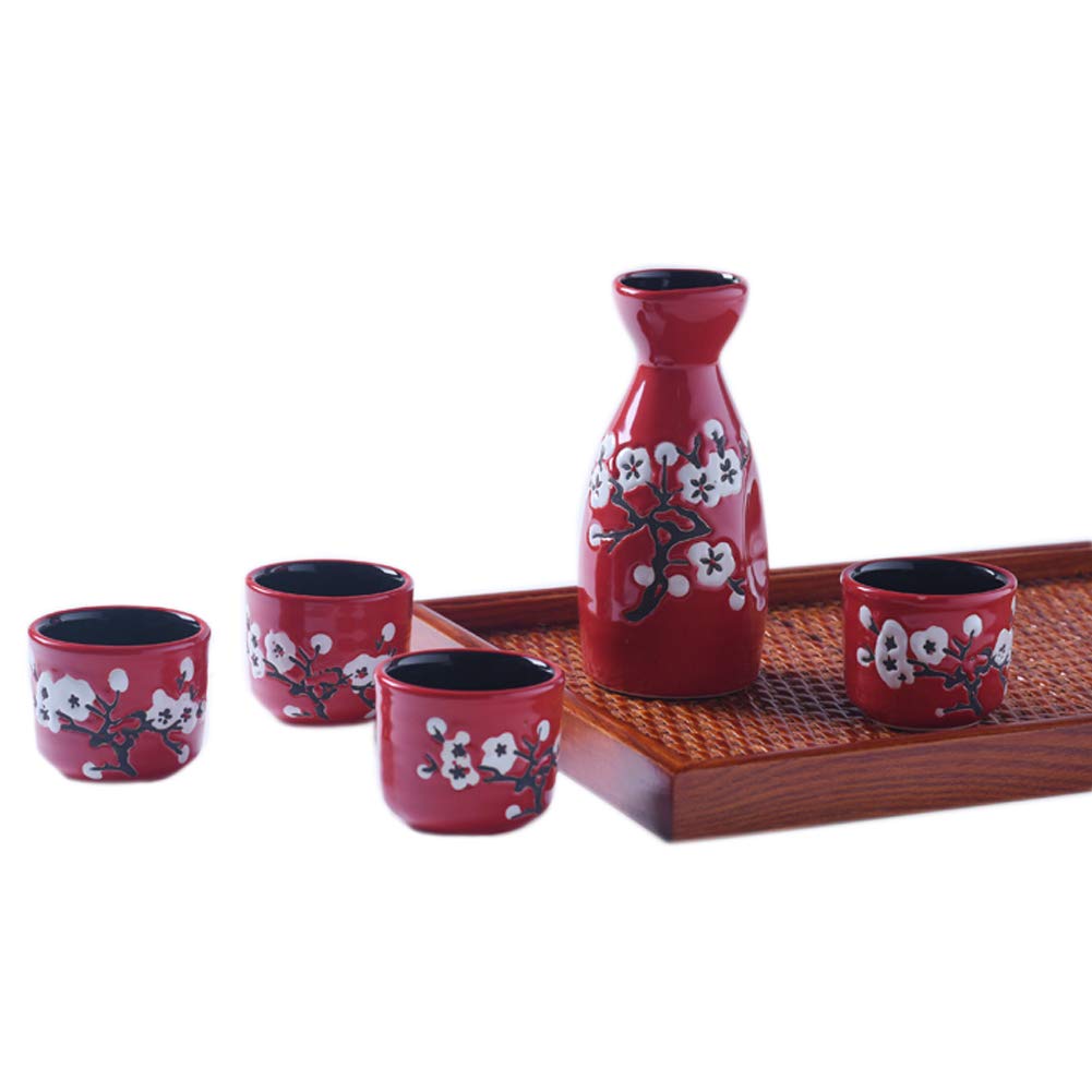 Japanese Classic Plum Blossom Ceramic Sake Sets 1 Decanter with 4 Cups Dark Red