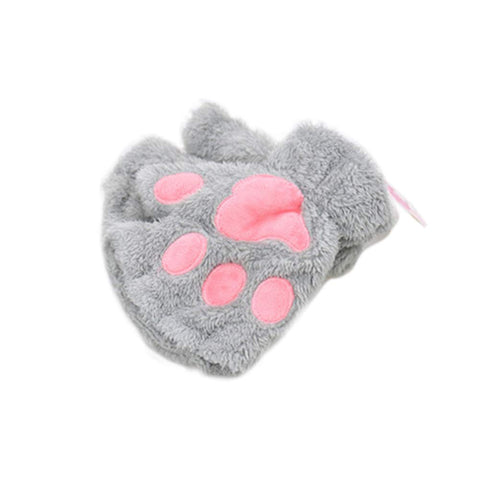 Lovely Cat Paw Plush Gloves Half Finger Gloves Winter Warm Gloves for Girls Gray