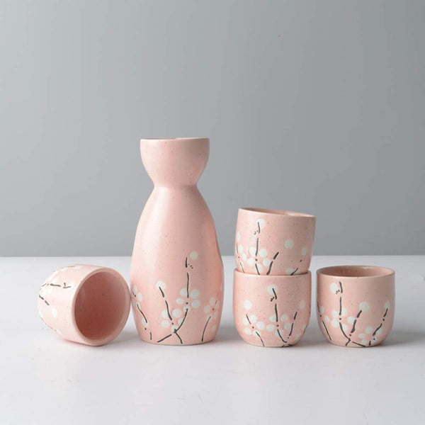 Japanese Style White Plum Blossom Ceramic Sake Sets 1 Decanter with 4 Cups Pink