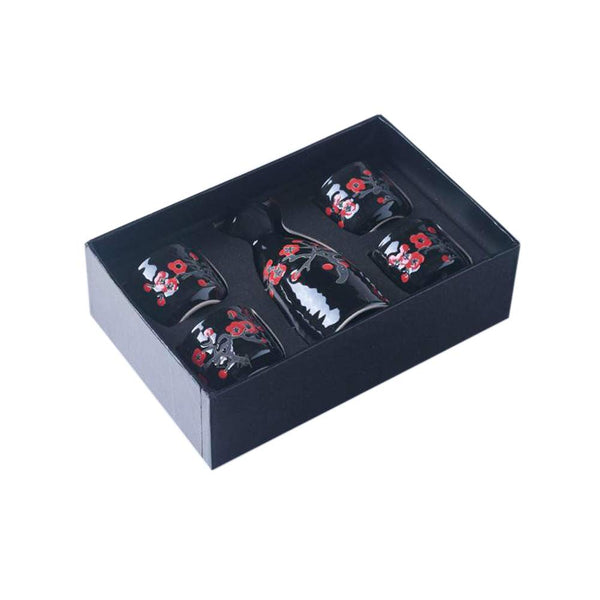 Japanese Style Creative Red Plum Blossom Ceramic Sake Sets 1 Decanter with 4 Cups Black