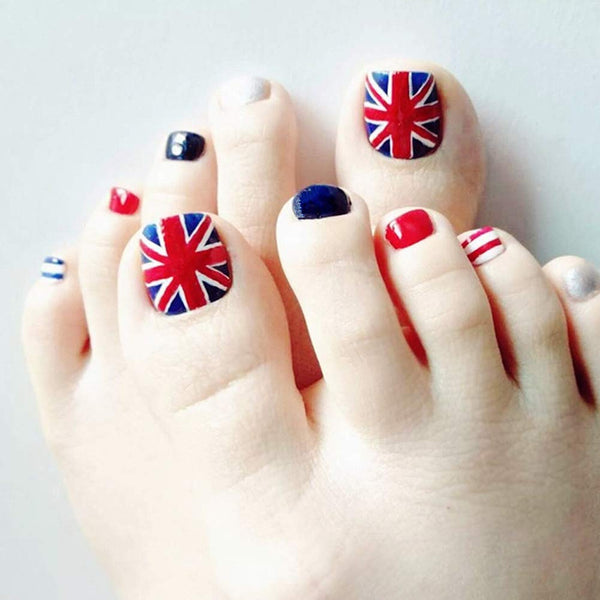 24 Pcs Creative Union Jack Flag Print Short Artificial False Toe Nails Variety Toe Nails