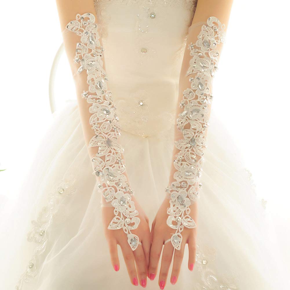 Elegant Exquisite Lace Wedding Gloves Fingerless Rhinestone Long Mitten Sleeves for Bride