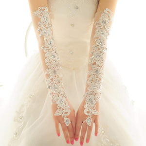Elegant Exquisite Lace Wedding Gloves Fingerless Rhinestone Long Mitten Sleeves for Bride