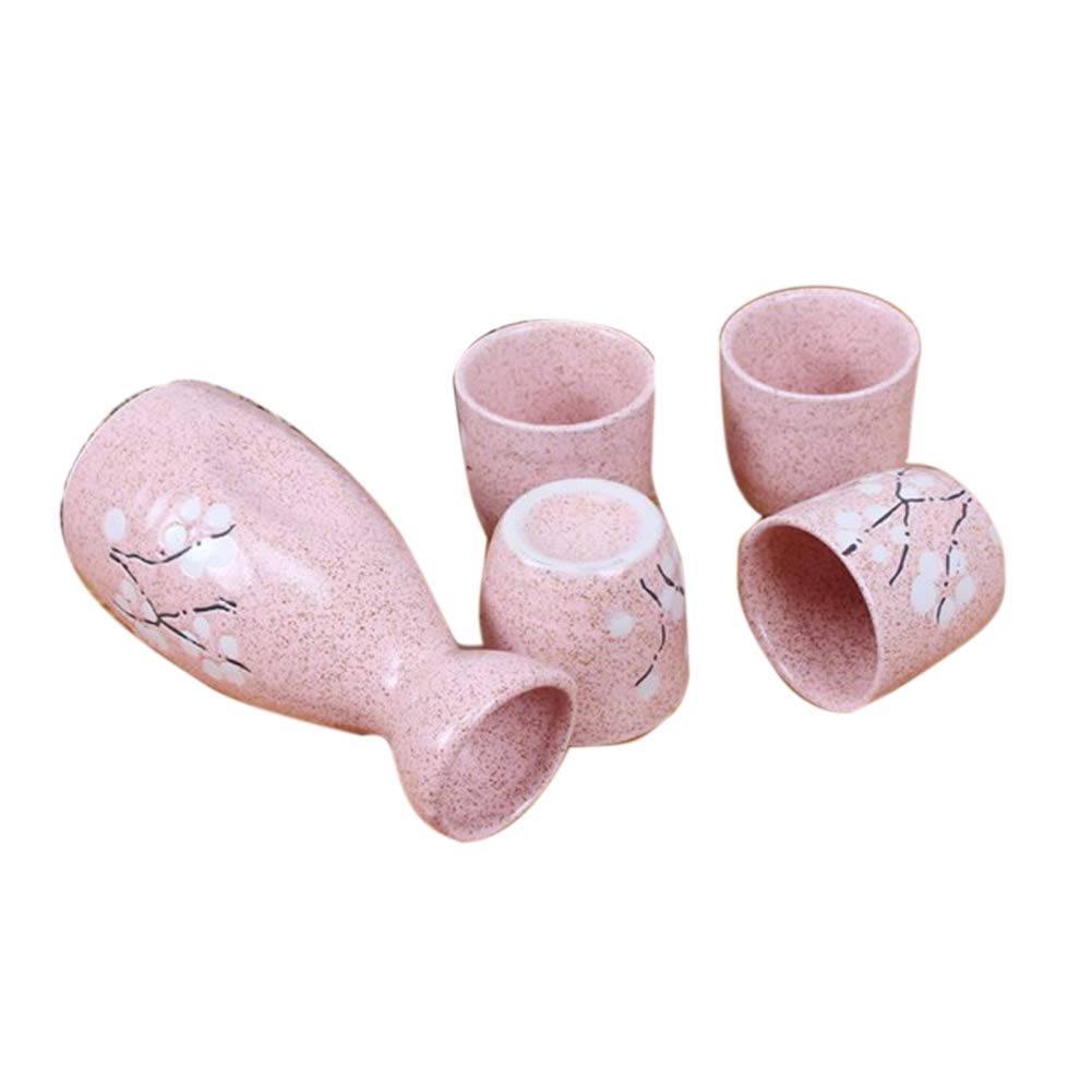 Japanese Style White Plum Blossom Ceramic Sake Sets 1 Decanter with 4 Cups Pink