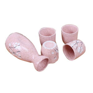 Japanese Style White Plum Blossom Ceramic Sake Sets 1 Decanter with 4 Cups Pink