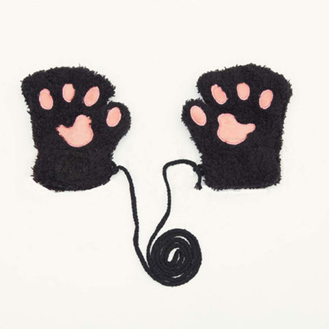Lovely Cat Paw Plush Gloves Half Finger Winter Warm Gloves for Girls Black