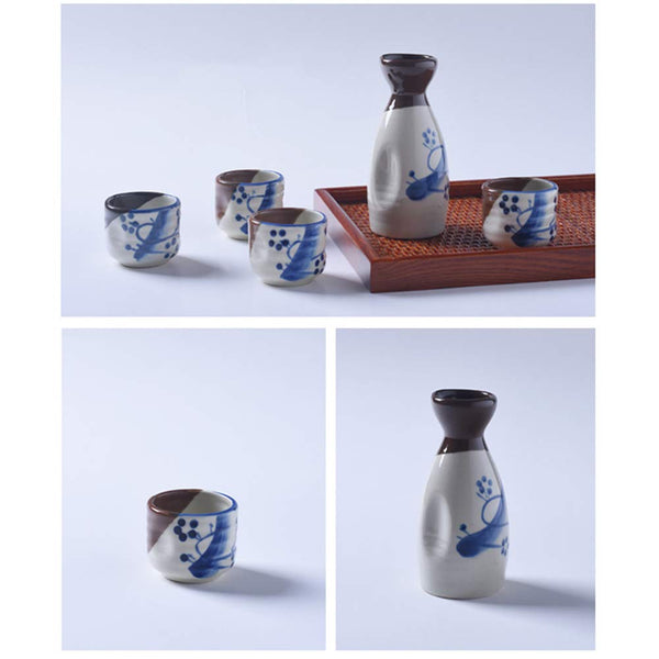 Japanese Style Creative Blue Orchid Ceramic Sake Sets 1 Decanter with 4 Cups