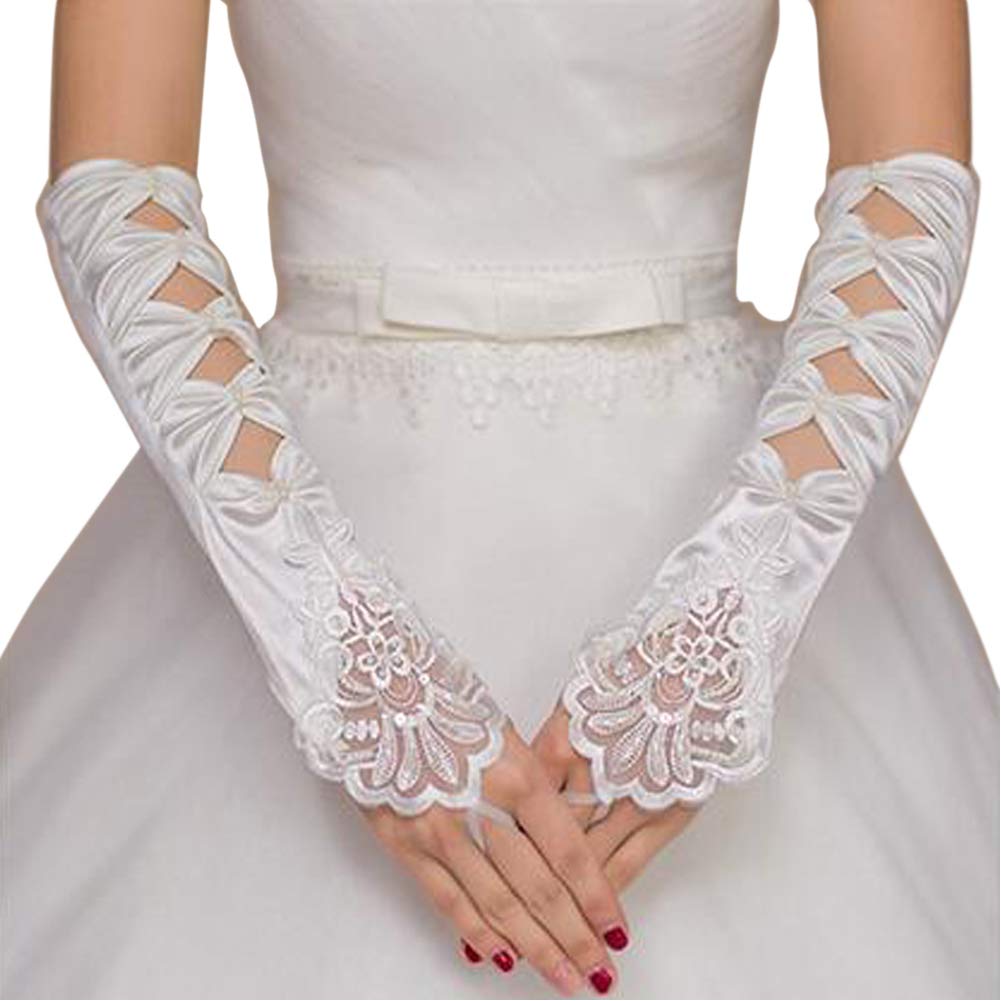 Elegant Hollow Out Satin Wedding Gloves White Floral Lace Gloves Rhinestone Long Mitten for Bride