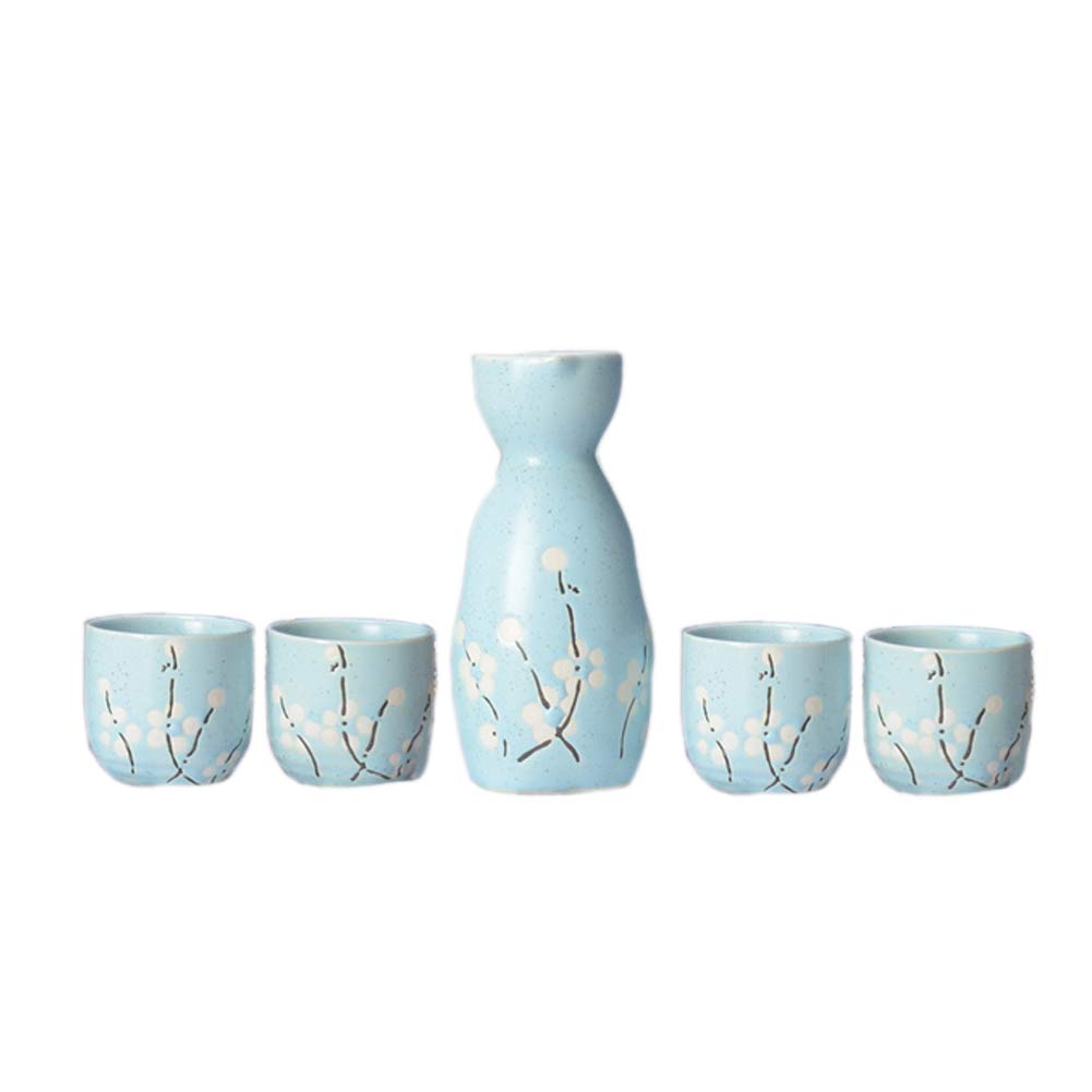 Japanese Style Ceramic Sake Sets 1 Decanter with 4 Cups Blue (White Plum Blossom)