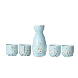 Japanese Style Ceramic Sake Sets 1 Decanter with 4 Cups Blue (White Plum Blossom)